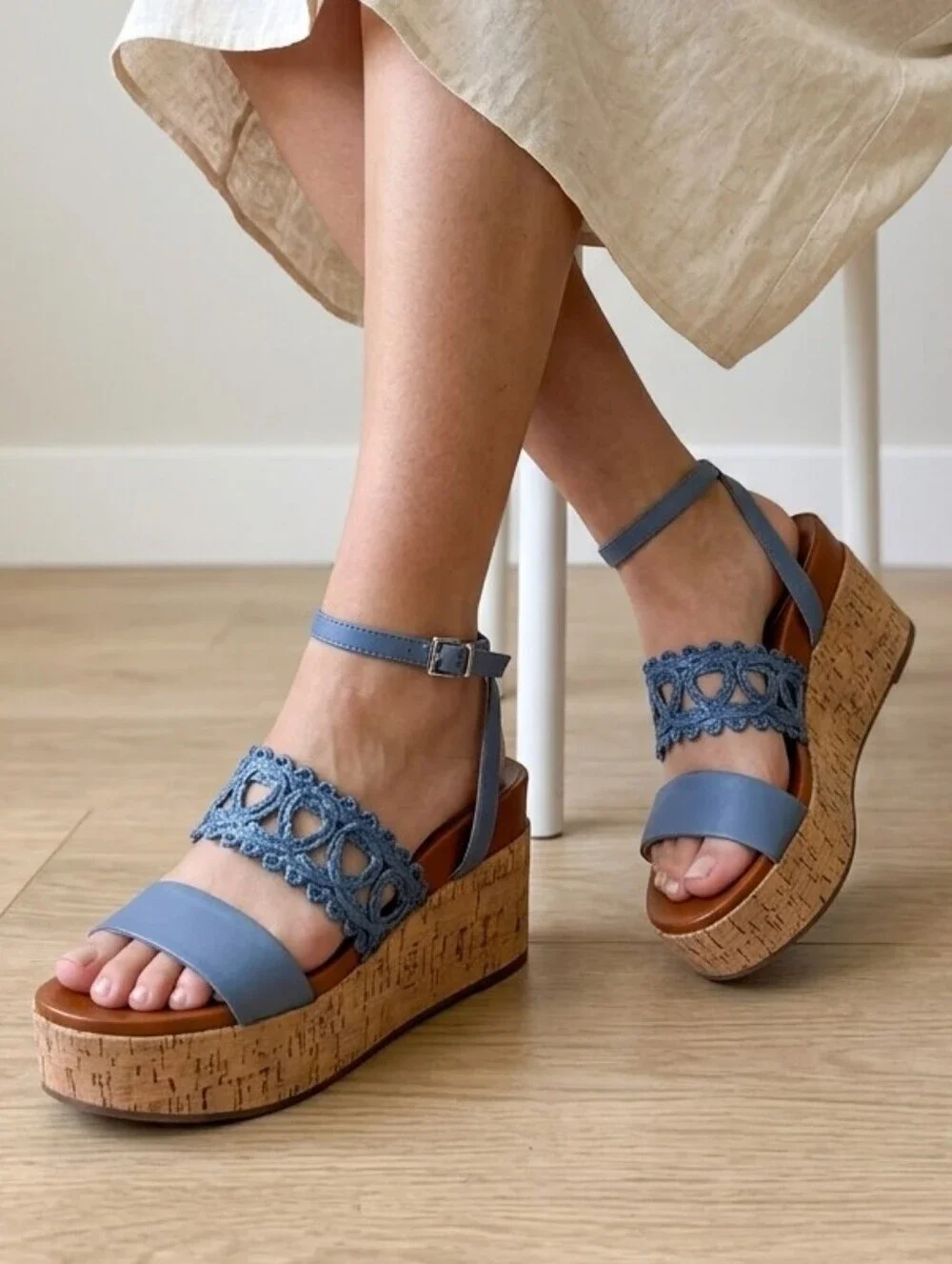 Jessica Simpson Callri Cork Platform Wedge Sandals Ash Blue NWT 7.5M Boho Chic